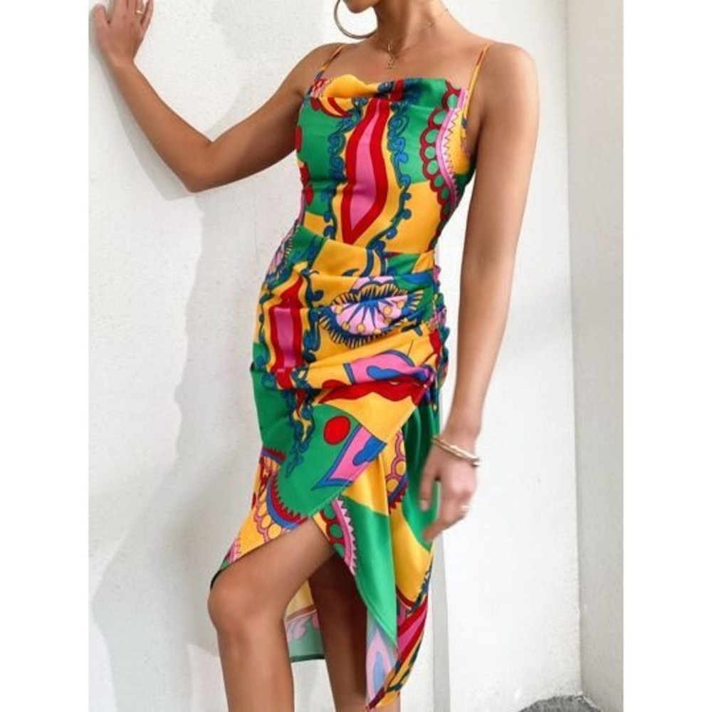 Micas Cowl‎ Neck Dress Colorful Print Sleeveless Party Cocktail Dress Size M